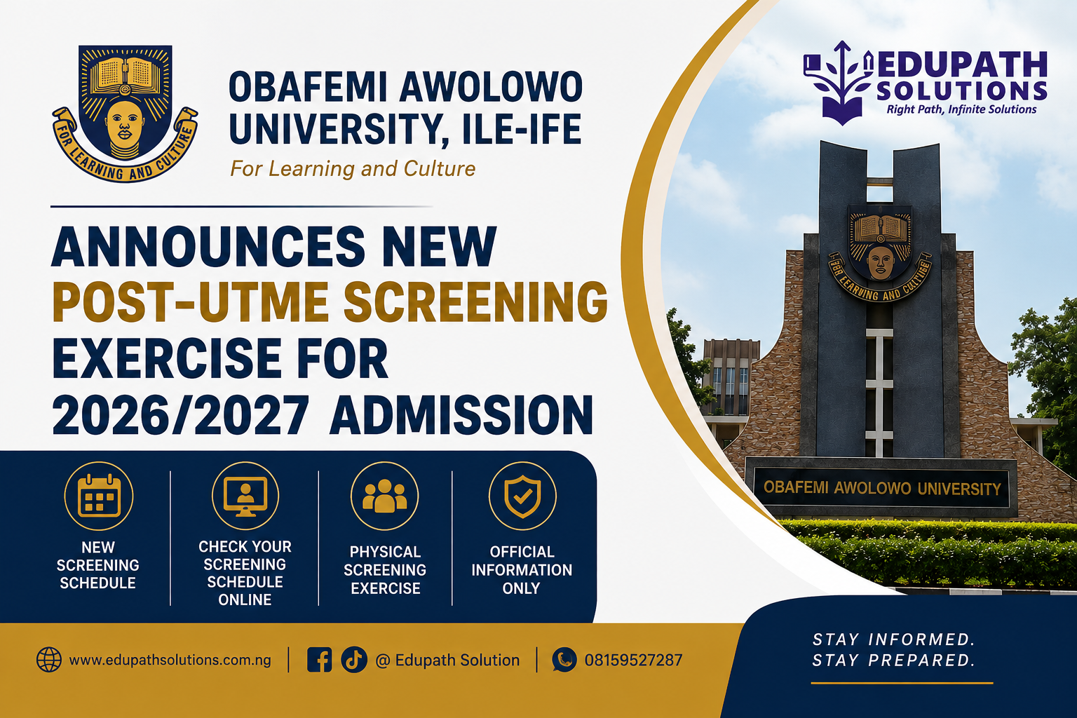 OAU Announces New Date for 2026/2027 Post-UTME Screening Exercise